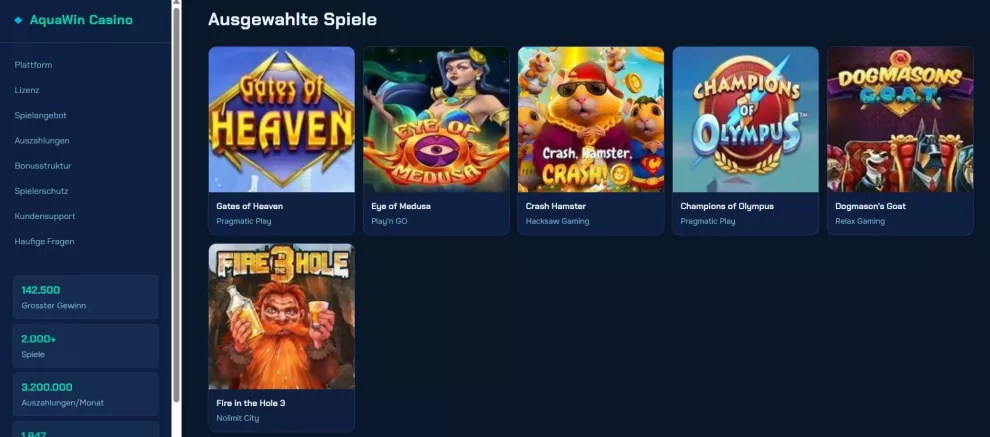 Aquawin Casino Bonus 3000 Euro und Freispiele